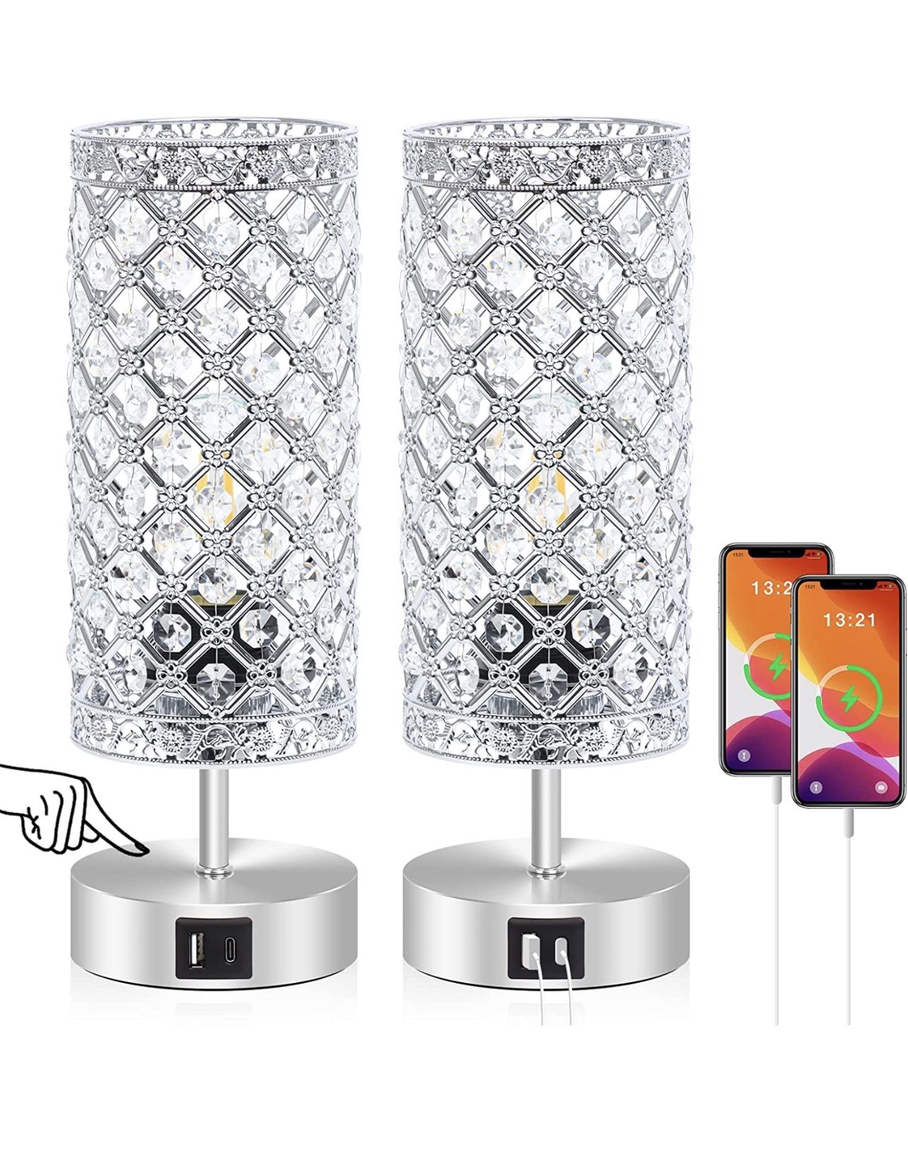 Ganiude Touch Control Crystal Table Lamps Set of 2, Nightstand Sliver Lamps with USB C+A Charging Ports