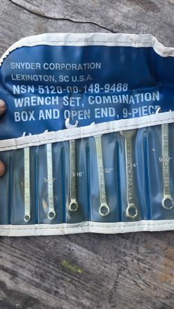 SNYDER CORPORATION

LEXINGTON, SC U.S.A.

NSN 5120-00-148-9488

WRENCH SET, COMBINATION BOX AND OPEN END, 9-PIECZ