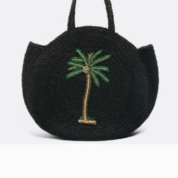 Zara embroidered palm tree beaded  jute body bag purse tote Limited edition
woven natural jute straw
