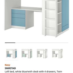 Ikeaq Loft bed, white blue/with desk with 4 drawers, Twin