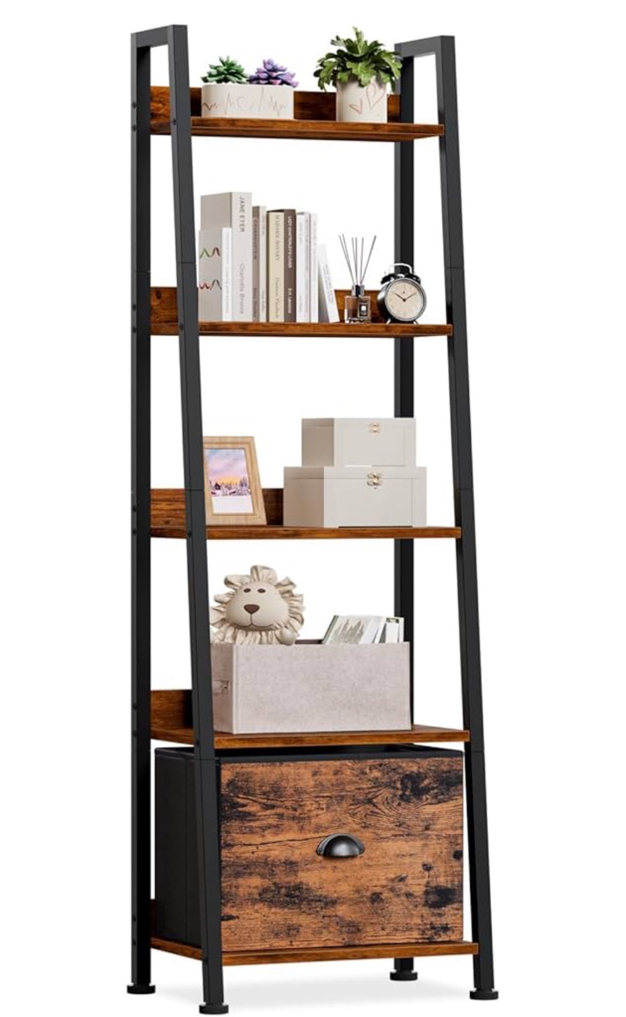 New Furologee 5-Tier Ladder Shelf, Ladder Bookshelf with Removable Drawer, Rustic Bookcase Storage Rack Organizer, Wood Metal Freestanding Storage She