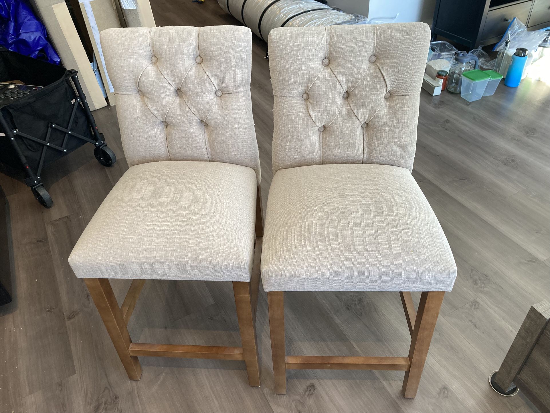 Set of 2 Upholstered Barstools with Tufted Back - Beige