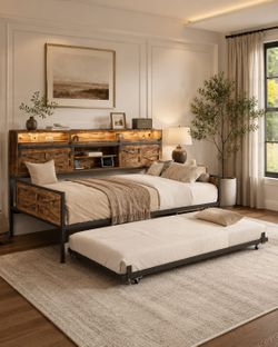 Twin Daybed with Trundle Bed, Rustic Farmhouse Daybed Frame with Sliding Barn Door Headboard LED Lights and Charging Station, Heavy Duty Metal Daybed 