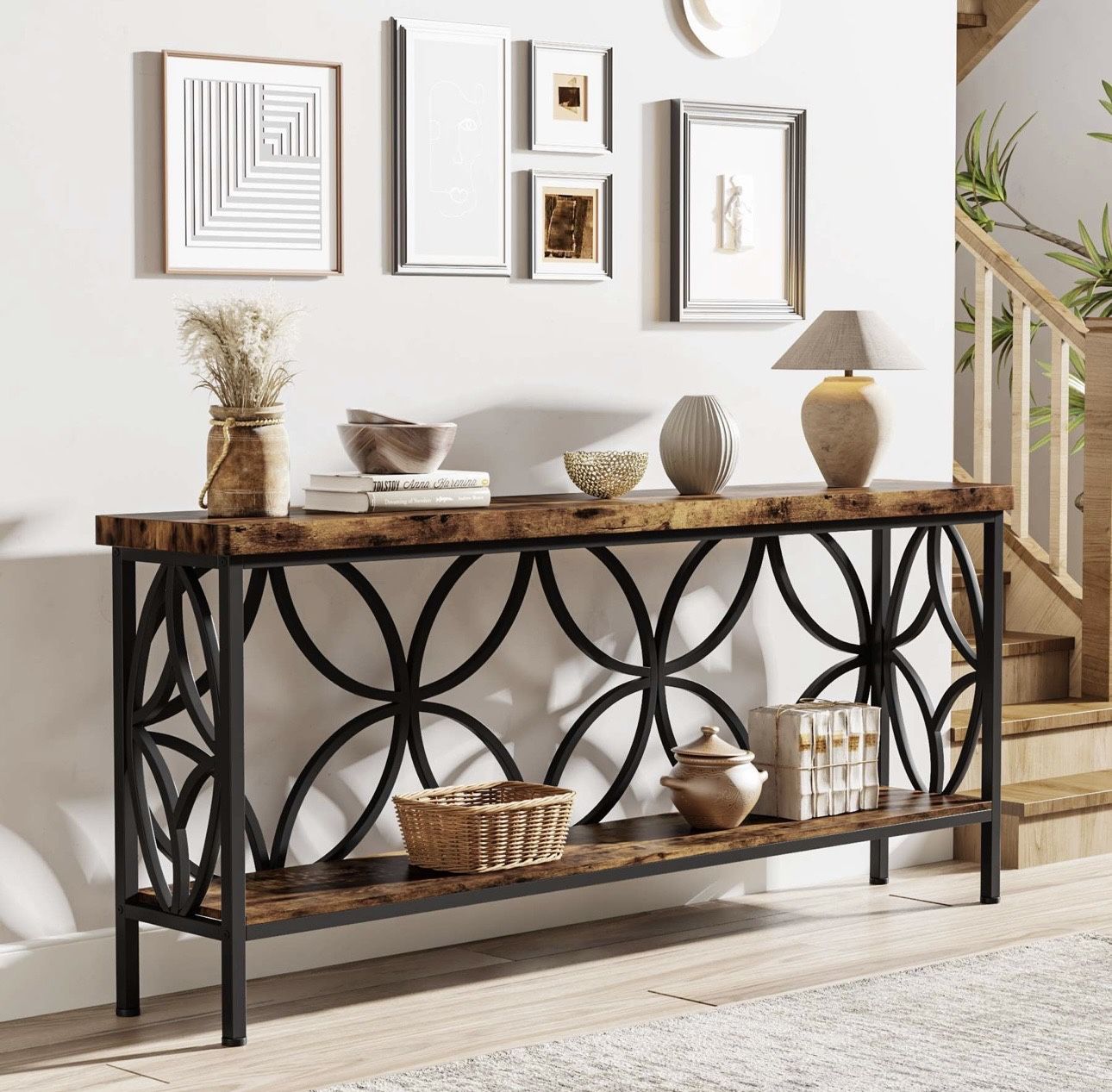 F1809 2-Tier Console Table, 70.9" Industrial Sofa Table Behind Couch