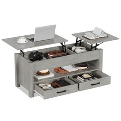 Coffee Table Lift Top, Convertible Coffee Table with Wooden Lift Tabletop, 2 Drawers and Hidden Compartment, Central Table with Storage for Living Roo