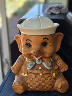 Vintage Ceramic Elephant Sailor Cookie Jar
