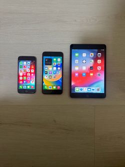 iPhone 6s 128 gig, iPhone 8 Plus red 256 gig, iPad mini 3 16 gig