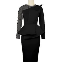 AOMEI Women Elegant Butterfly Mesh Long Sleeve Peplum Bodycon Dress Midi Sz: 1XL