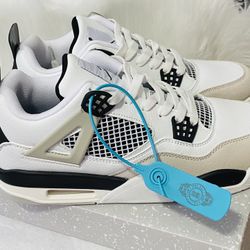 Air Jordan 4 “Military Black” Retro Sneakers – White, Black & Grey Leather Basketball Shoes 