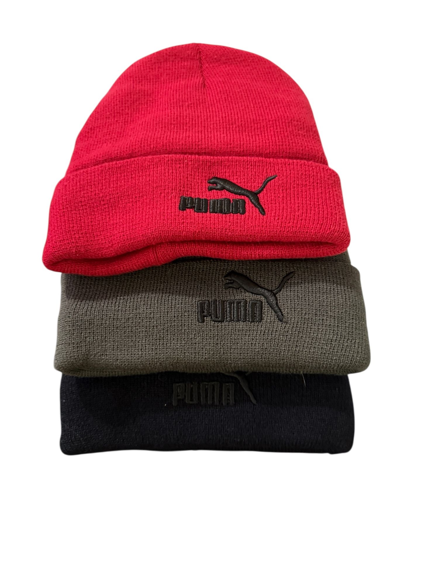 Set Of Three Fleeced Lined Cuffed Puma Beanies