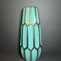 Apropos Home Collection Art Deco Turquoise & Gold Faceted Large Ceramic Vase 14"