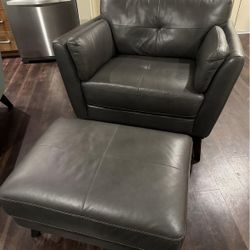 Gray Leather Chair and Ottoman