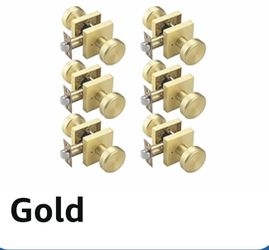 6 Pack Brushed Gold Door Knobs with Zinc Camelot Trim, Push Lock for Privacy Bath & Bedroom