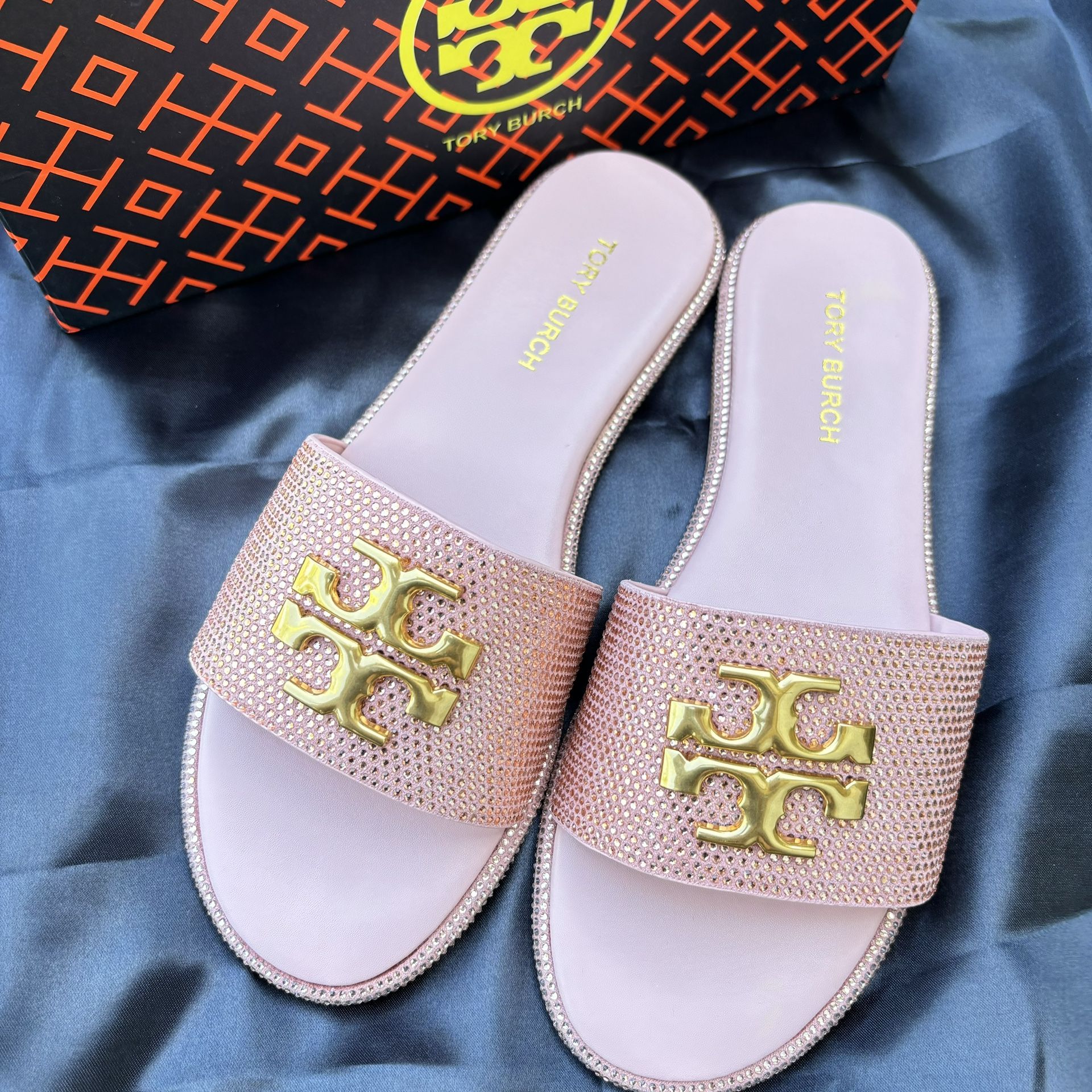 Size 9 Pink Tory Burch Slides With Rhinestones