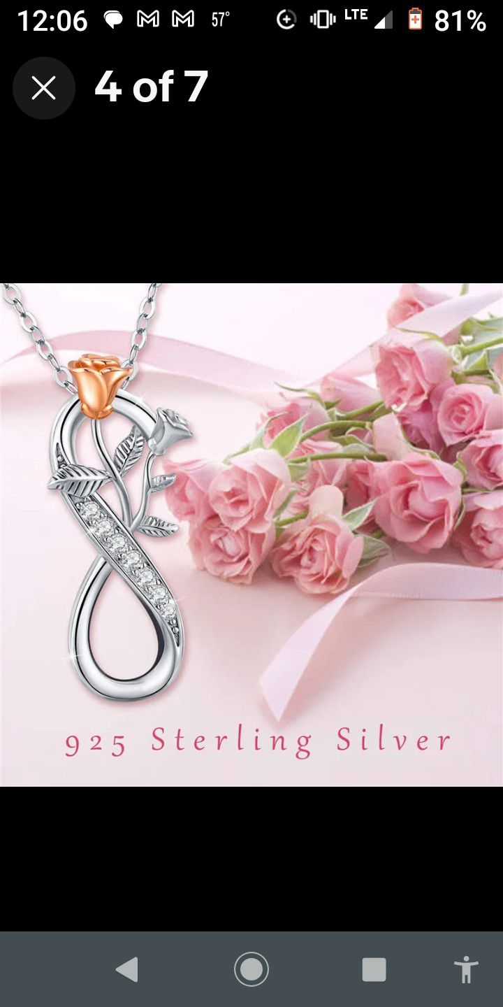 BRAND NEW IN PACKAGE LADIES 925 STERLING SILVER INFINITY ROSE GOLD FLOWER PENDANT NECKLACE 18" ADJUSTABLE W/EXTENDER  - GIFT