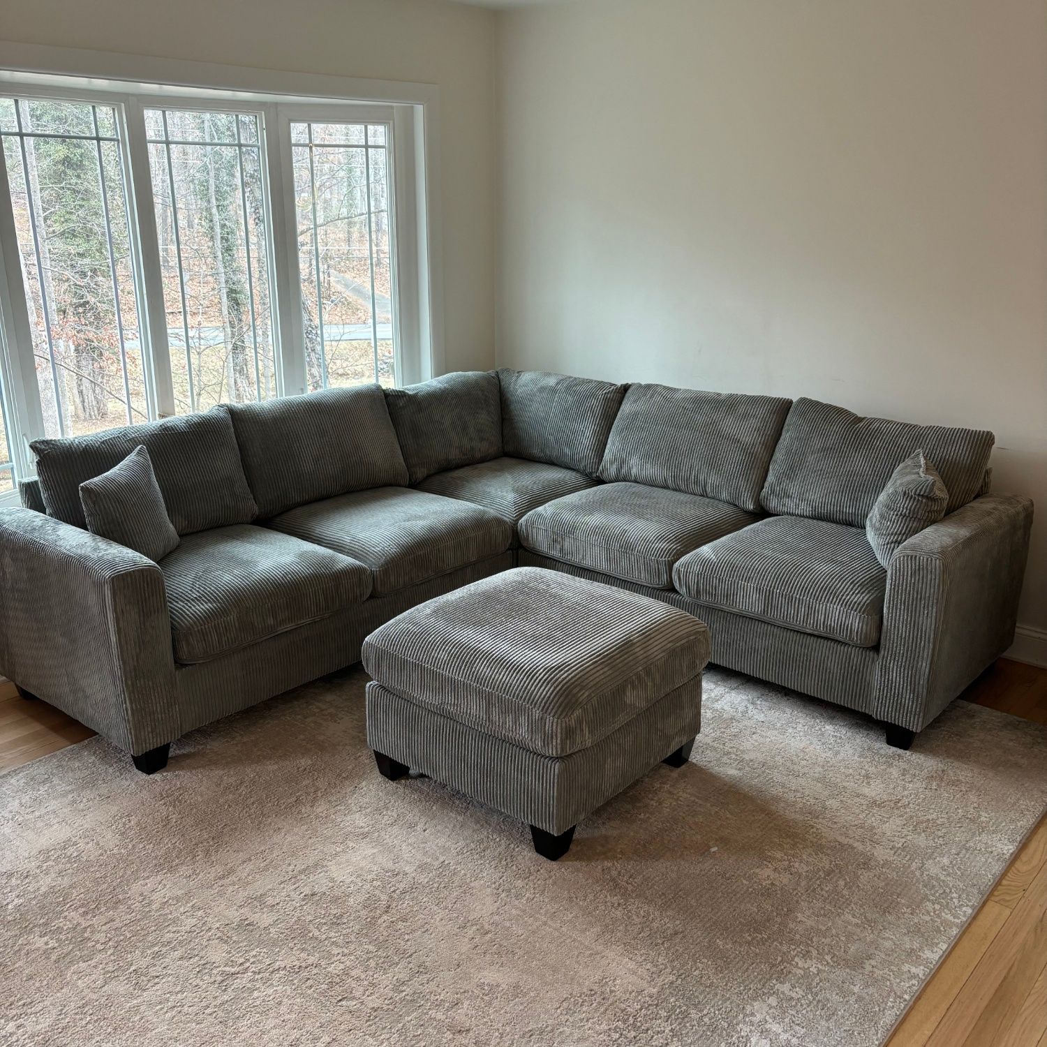 Grey Corduroy Sectional With Ottoman NEW! - Delivery Available