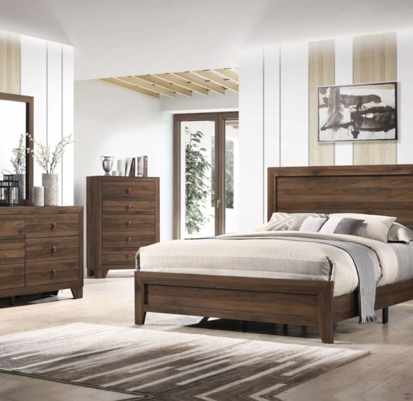 Queen Rustic Brown 4pc Bedroom Set Bed Dresser Mirror Nightstand