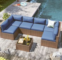(LIGHT BROWN) NEW Assembled 116"57"57" U Shaped Large Wicker Sofa-FREE DELIVERY