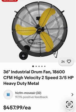 36" Industrial Drum Fan, 18600 CFM High Velocity 2 Speed 3/5 HP Heavy Duty Metal