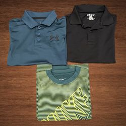 BUNDLE OF 2 POLOS 1 T-SHIRT. 1 UNDER ARMOUR POLO. 1 IZOD POLO. 1 NIKE DRI-FIT T-SHIRT.