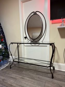 Glass Console Table with Oval Mirror