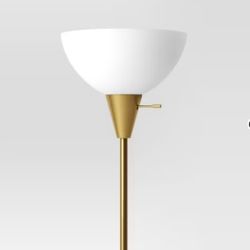71 1/2 inches tall gold floor lamp with white plastic shade  