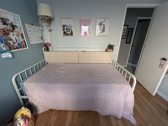 White Metal Bed Frame with Tufted Headboard