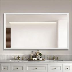 36" x 48" White Wood Framed Wall Mirror, Rectangle Rustic Wooden Bathroom Vanity Mirror, Waterproof, Decor Farmhouse, Bedroom, Entryway, Horizontal/Ve