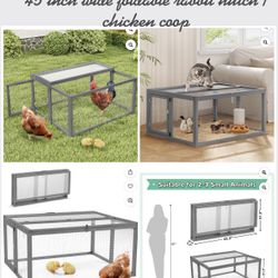 45 Inc Foldable Gray Rabbit Hutch Chicken Coop with Waterproof Roof, Removable Tray & Wire Door – Portable Wooden Poultry Cage for Indoor & Outdoor Us