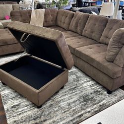 COSTCO Brown Chenille Sectional Couch And Ottoman