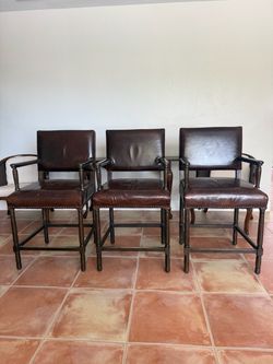 Restoration Hardware Set of 3 Brown Leather Bar Stools with Arms