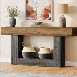 63-Inch Long Console Table, 2-Tier Entryway Table Sofa Table with Storage, Farmhouse Wood Behind Couch Table for Living Room, Hallway, Rustic Brown