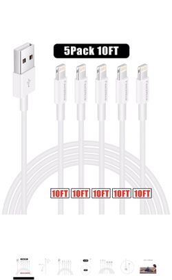 5 Pack 10ft Charger Cord for Long 10 Foot iPhone Charging Cable/Data Sync Fast iPhone USB Charging Cable Cord Compatible with iPhone X Case/8/8 Plus/