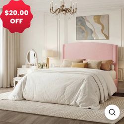 Full Size Teddy Fabric Upholstered Platform Bed Frame with Curved Headboard and Durable Metal Frame