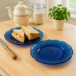 Hazel Atlas 1930s 2 Newport Hairpin Cobalt Blue Sandwich Plates Platters, 11”