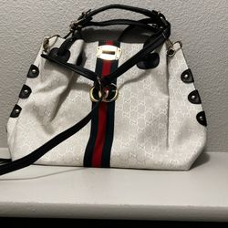 White Monogram Tote w/ Stripe Detail