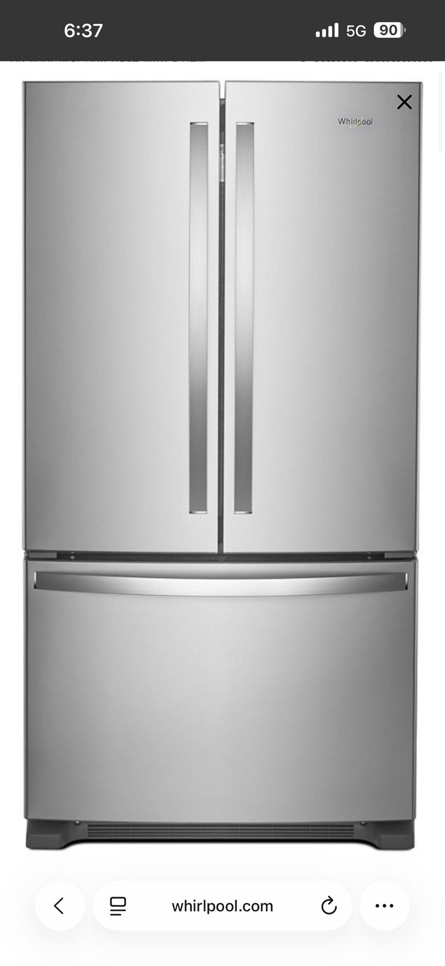 Whirlpool Counter Depth 36in Wide 20cu.ft French Door Bottom Mounted Stainless Steel