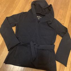 Y2K Lucky Brand Hooded Jacket Women Sz L Black Belted  Wrap Cotton Cardigan