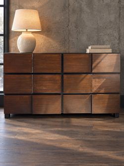 Brutalist-Style Two-Tone 12-Drawer Dresser — Matte Black + Dark Walnut, Long Bedroom Dresser