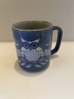 Vintage blue & white 3 owls on branch stoneware mug. Coffee/ tea/ cottage / farmhouse/ MCM/ cabin.