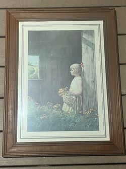 Vintage-Style Framed Little Girl With Wildflowers Farmhouse Art Print