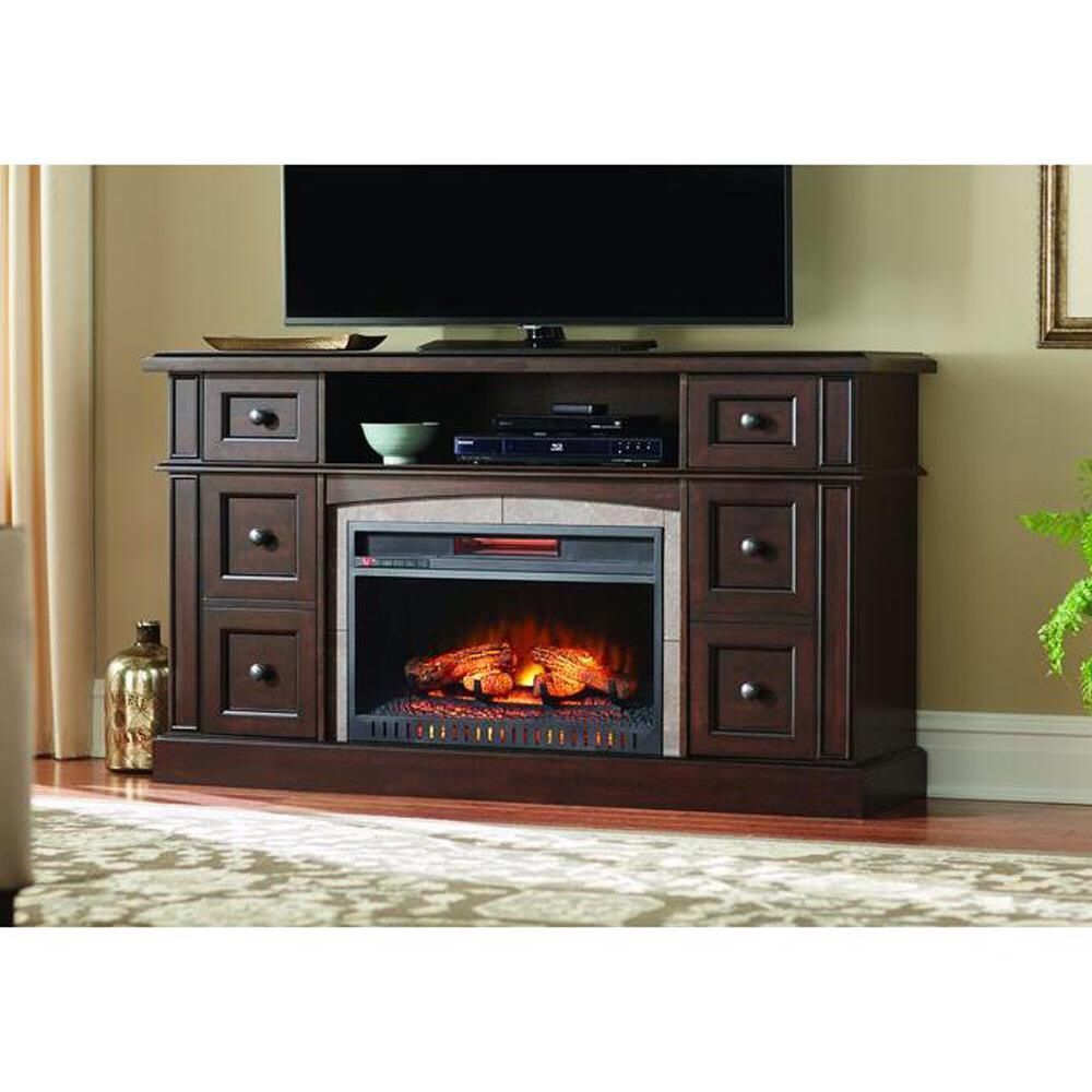 Home Decorators Collection Bellevue Park 59 in. Media Console Infrared Electric Fireplace in Dark Brown Cherry Finish