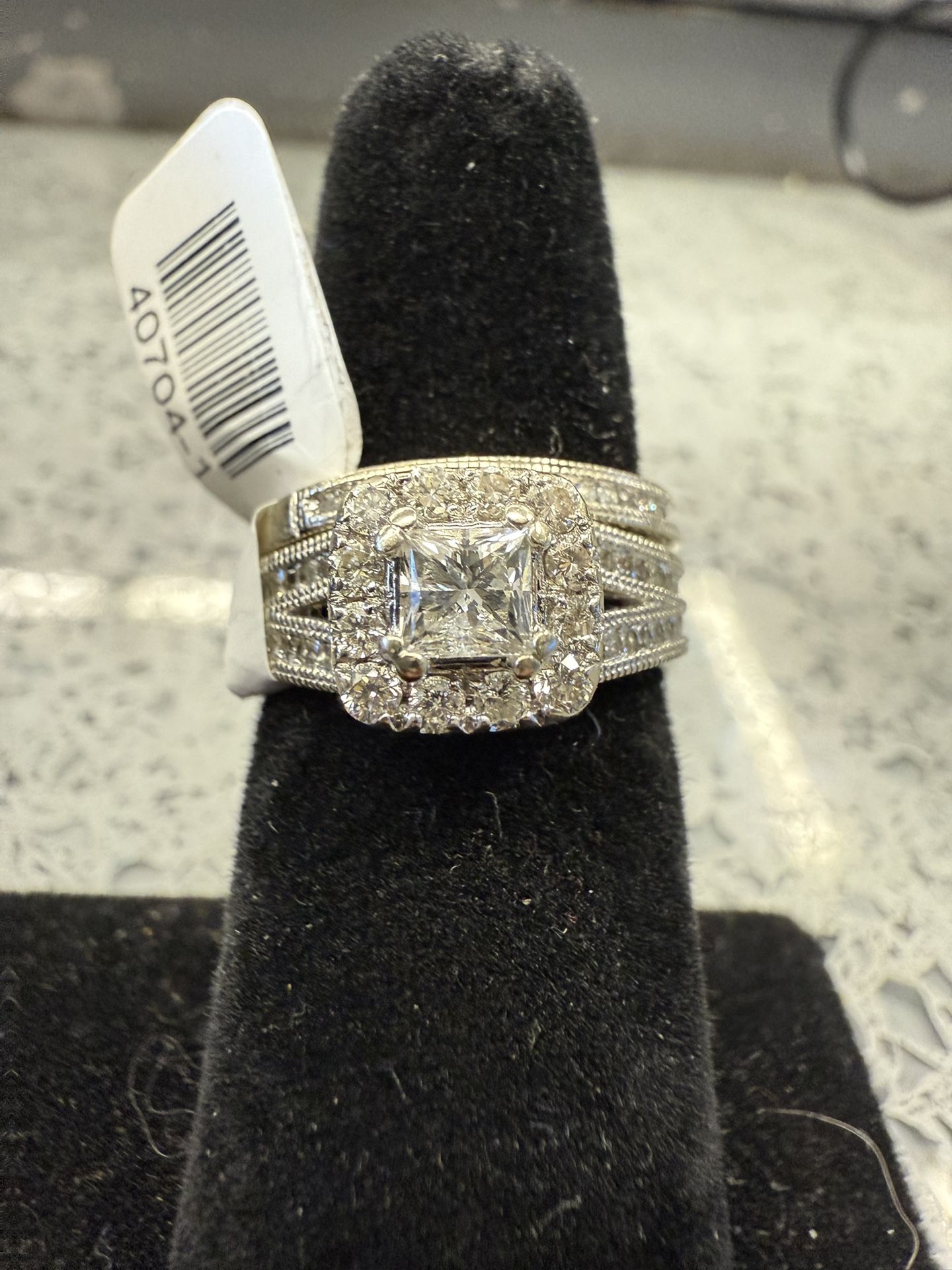 14KT White Gold Engagement Set W/ Natural Princess Cut Diamond Center 40704-1 