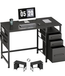 Maihail Small Desk with Drawers, Office Desk with Storage Shelves, Black 40 Inch Desktop, Metal Frame, 3 Fabric Drawers, Storage Shelves, Computer & W