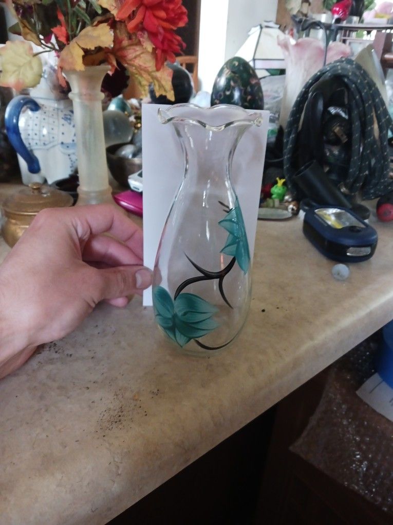 Anchor Hocking hand painted clear glass vase with teal flowers.