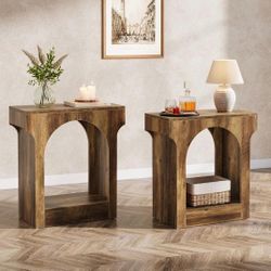 End Table Set of 2, Side Table with Storage Space for Living Room, Narrow Nightstand for Bedroom, Rustic Brown
