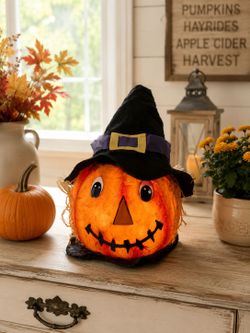 Vintage Light Up Scarecrow Pumpkin Halloween Head Witch Hat