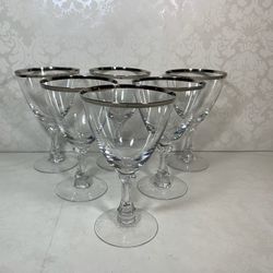 Vintage Set Of 6 Fostoria Crystal Platinum Rim Glasses 