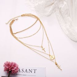 Rose Flower Cross Round Chain Pendant Multilayer Necklace