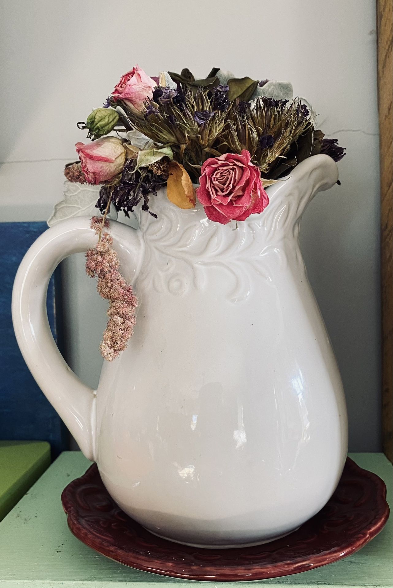 White Pitcher Vase With Dried Flowers Shabby Chick Country Farm House 
